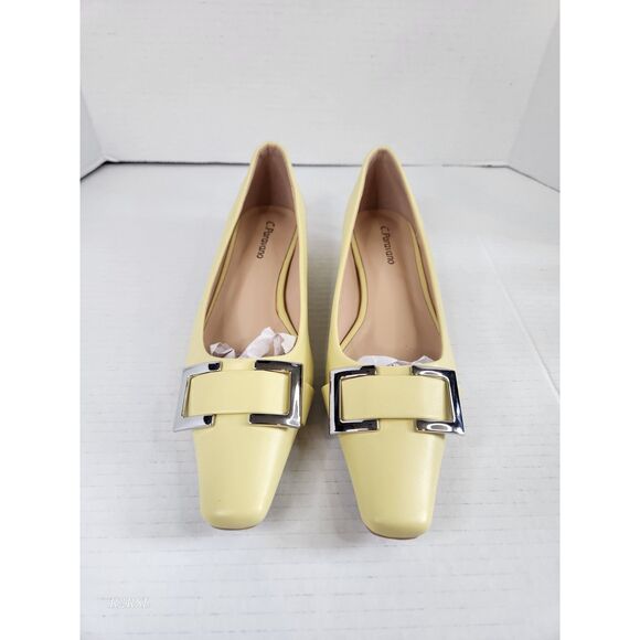 C.Paravano Metal Buckle Square Toe Low Block Heels yellow EU38/US7.5 NWOT - Picture 11 of 12
